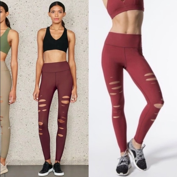 ALO High Waist Ripped Warrior Leggings in Maroon Red XS - Picture 1 of 5